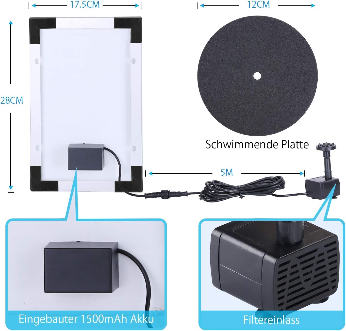 AISITIN 5,5W Solarbrunnen für Draussen, Eingebaute 1500mAh Batterie Solar Springbrunnen für Außen, Schwimmender Fontäne Pumpe mit 10 Fontänenstile für Garten,Vogel-Bad,Teich,Fisch-Behälter,Wasserspiel