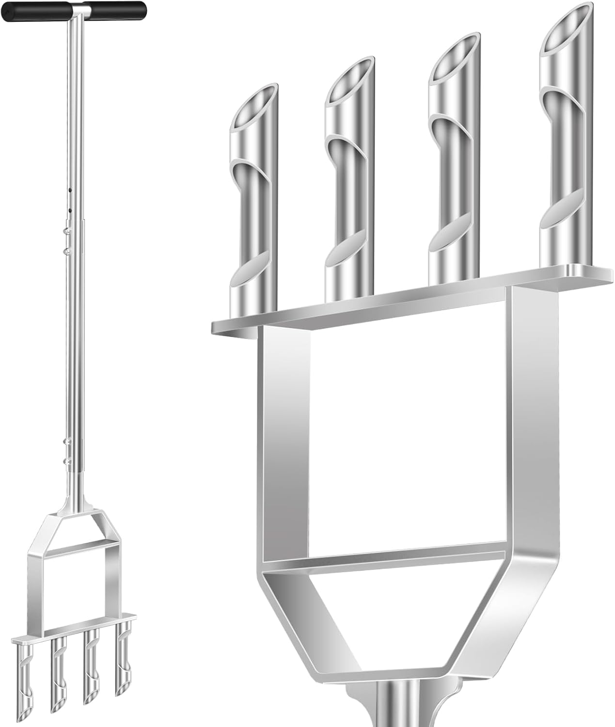 Suntee Lawn Aerator Tool, Manual Core Aerator Lawn Tool with 4 Stainless Steel Hollow Tines, Adjustable Height Semi-Assembled Heavy Duty Steel Grass Aeration for Lawn Care, Green