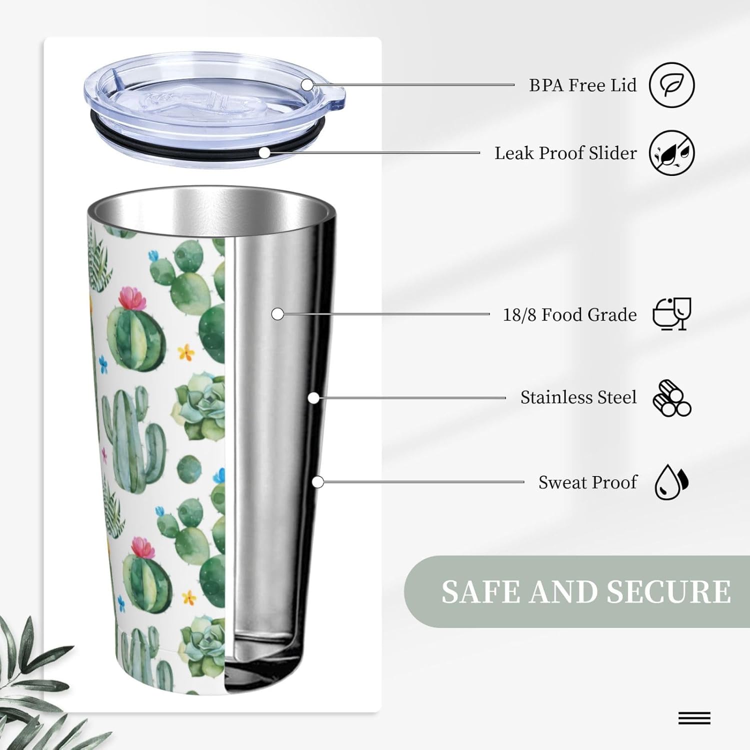 Green Cactus Tumbler Succulents Stainless Steel Insulated Tumblers with Lid Straw Reusable Tropical Plant Coffee Travel Mug Tea Drinking Wine Smoothie Cups Gifts for Women 20 Oz - Image 3