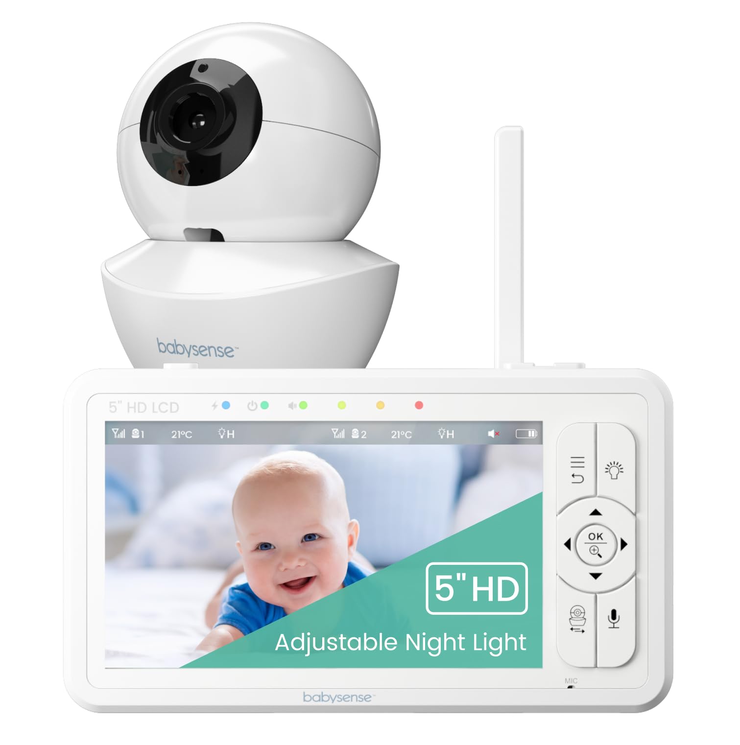 Babysense 720p 5" HD Baby Monitor, Video Baby Monitor with Camera and Audio, Remote Pan and Tilt, Adjustable Night Light, Long Range, Two-Way Audio, 4x Zoom, Night Vision, 4000mAh Battery