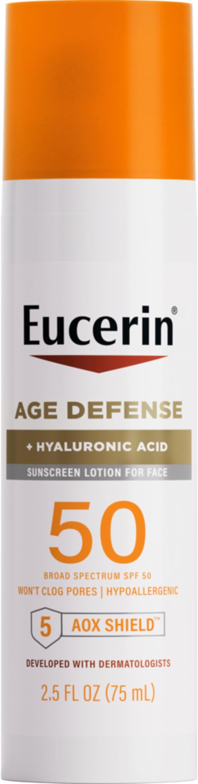 Age Defense Face Sunscreen Lotion with Hyaluronic Acid, 2.5fl. oz Bottle, SPF 50