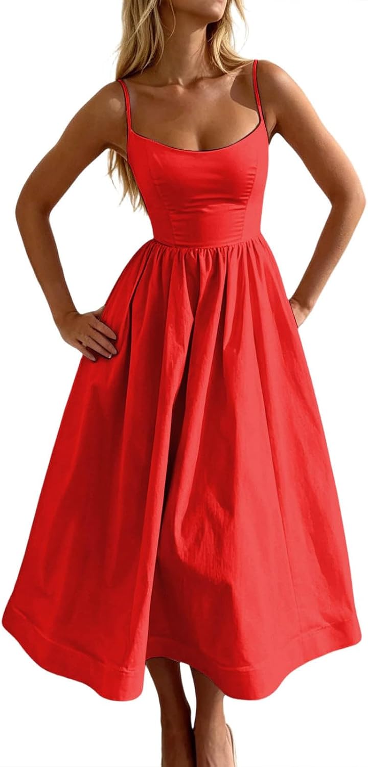Floral Corset Dress for Women Boho Spaghetti Strap Up Midi Dresses with Pockets Low Cut Flowy Bustier Sundresses