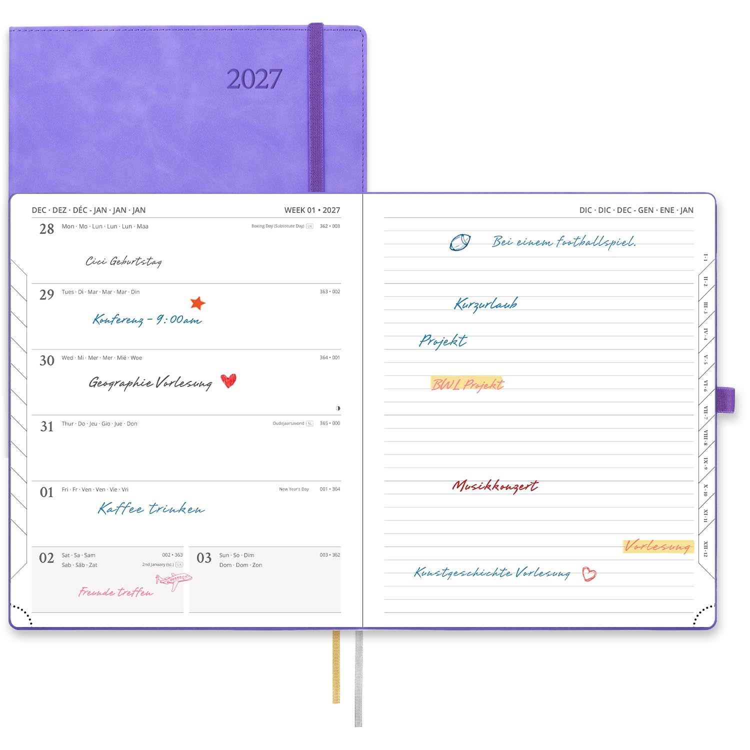 POPRUN Kalender 2027 Wochenplaner mit Notizen ca.A4(25,9 x 21,2cm) | PU-Softcover,(Jan.2027-Dez.2027),Planer 1 Woche 1 Seite(Montag - Sonntag),Terminplaner mit 100 GSM Papier(Flieder)