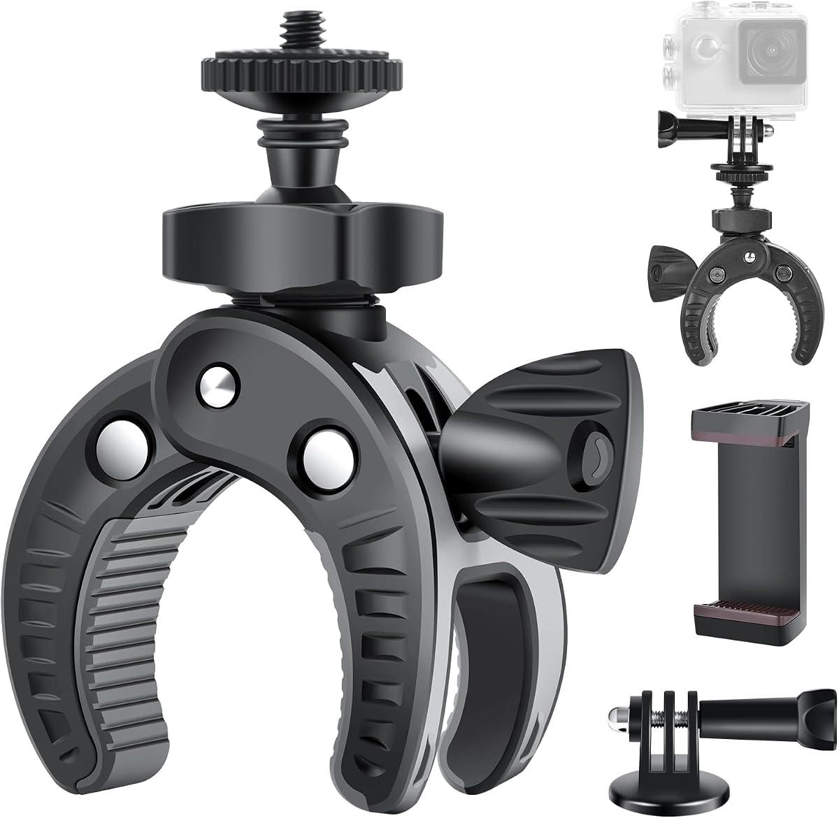 Camera Mount Clamp, 360° Ballhead with 1/4" Thread Holes, Black | Umbrella Clamp Motorcycle Camera Pole Mount Desk Holder, Super Clamp with Phone Tripod Mount for Gopro/DSLR/Stabilizer