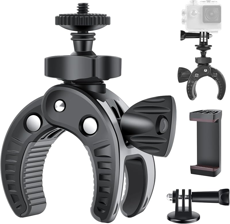 Camera Mount Clamp, 360° Ballhead with 1/4" Thread Holes, Black | Umbrella Clamp Motorcycle Camera Pole Mount Desk Holder, Super Clamp with Phone Tripod Mount for Gopro/DSLR/Stabilizer