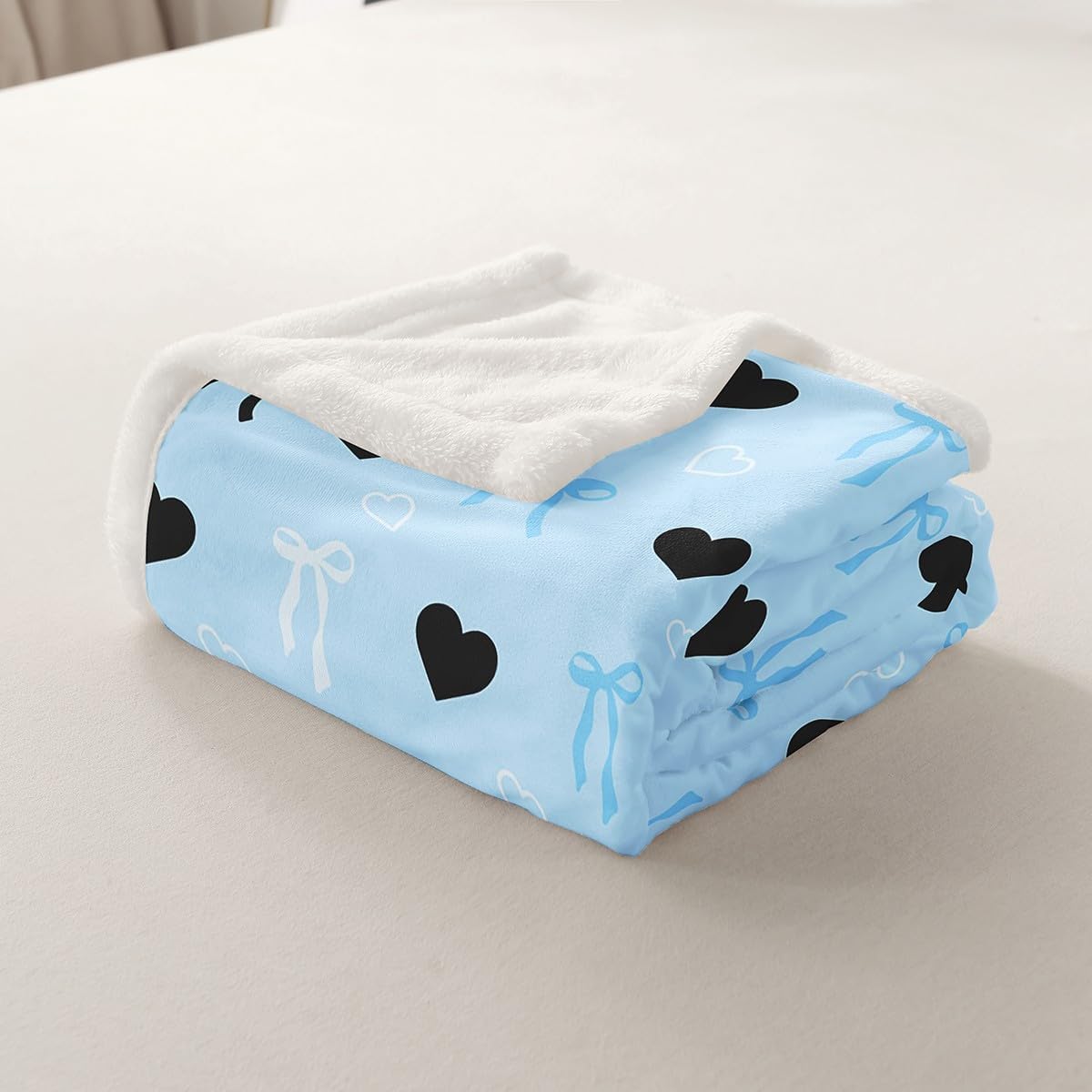 jejeloiu Bow Tie Fleece Throw Blanket 40"x50" Heart Love Sherpa Blanket Plush Fuzzy for Kids Boys Girls Decor Bow Blue Black and White Romantic Bedroom Decor