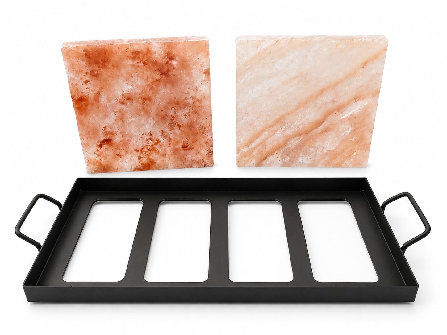 Himalaya Juego de placas de sal con soporte, 2 piedras de sal para barbacoa y servir, plato de sal natural para carne, pescado, camarones y barbacoa. Placa de parrilla de bloque de sal premium