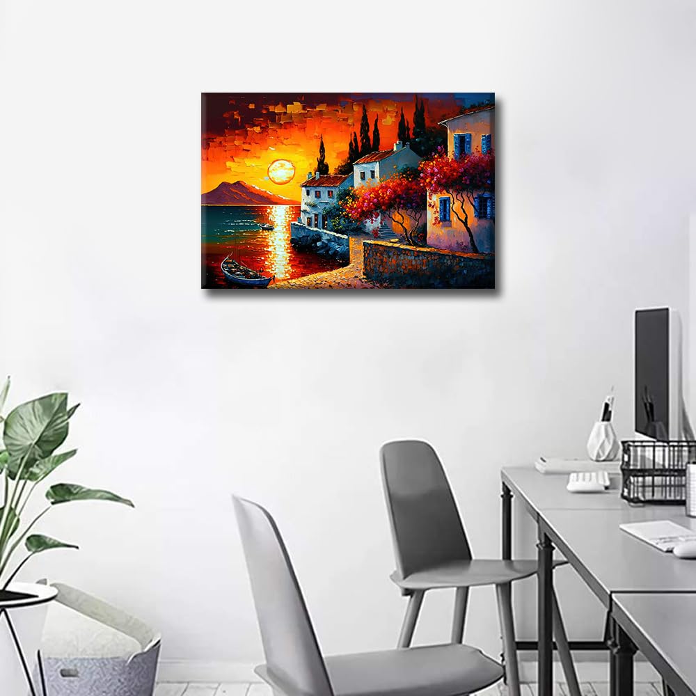 TISHIRON Greece Seaside Cityscape Wallpaper Wall Art Ocean View in Evening Time Oil Painting for Living Room Bedroom Canvas Home Decor House Decorations Framed Ready to Hang 16"x24" - Image 2