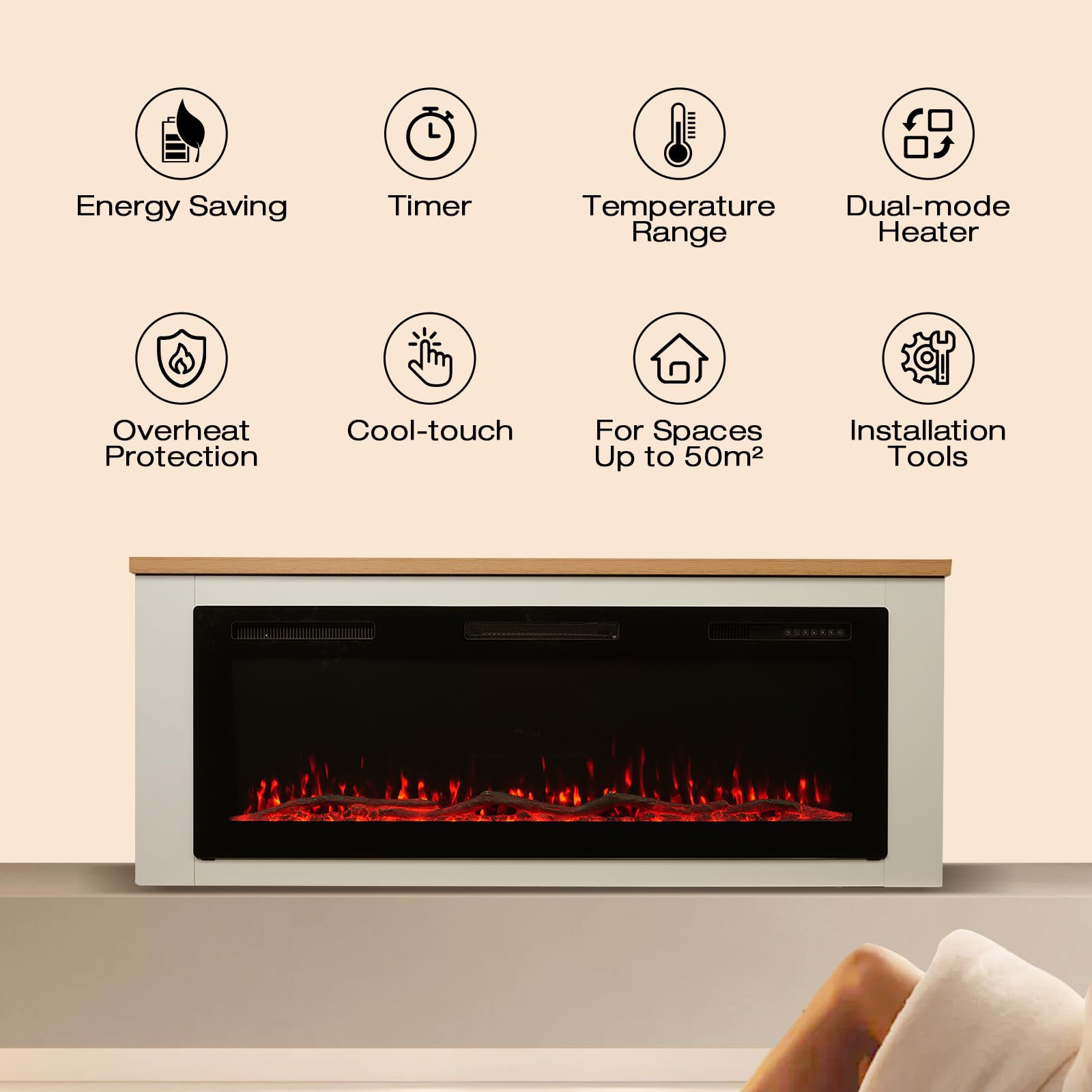 50 Zoll Elektrokamin, 1000W/2000W Elektrokamin mit Heizung, 12 3D-Flammenfarben, 12 Holzfeuerfarben, Fernbedienung & App-Steuerung, inklusive Schrank