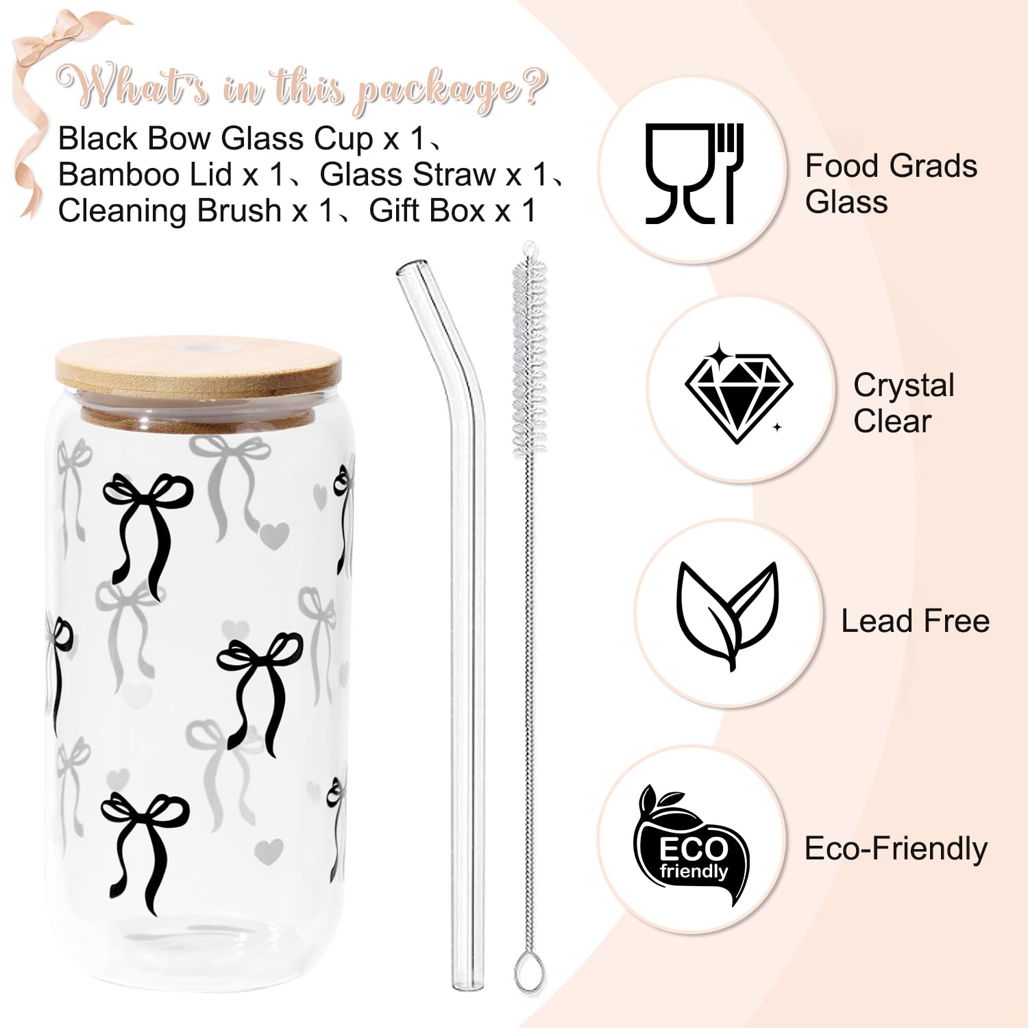 LANGASQUE Coquette Bow Aesthetic Cup With Gift Box 16oz Glass Cup with Lids Straws and Black Bow Iced Coffee Smoothie Cute Tumbler with Cleaning Brush for Girls Bestfriend Sister Girlfriend: Black