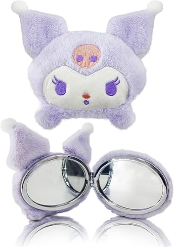 Miniatura 1 de Kawaii - Espejos de maquillaje personales de viaje, lindo mini espejo plegable compacto de felpa clásica de dibujos animados de animé de gatito,