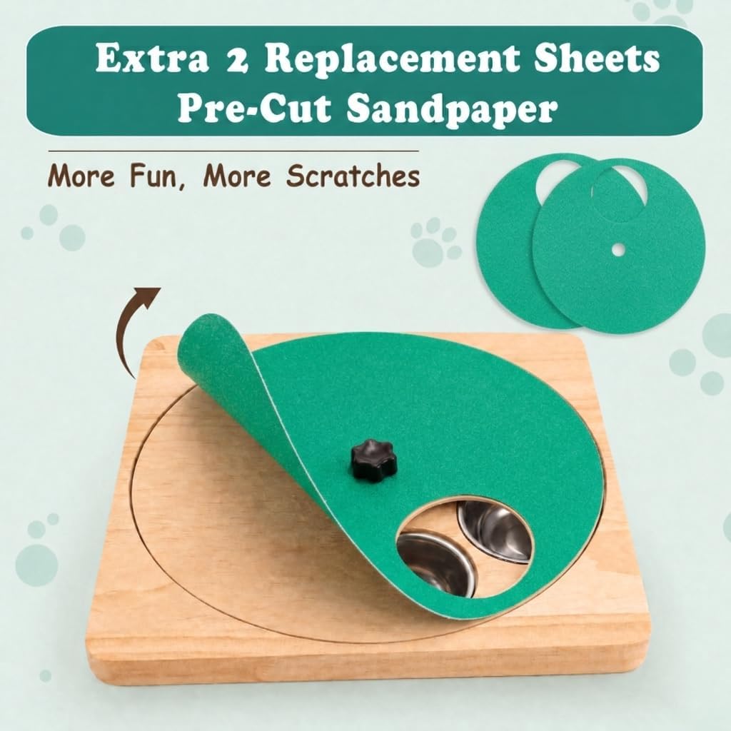 Dog Scratch Board with Treat Box & 2-Pack Replacement Sandpaper, Adjustable Resistance Dog Nail Scratch Board for All Breeds & Sizes, Gentle Nail Care & Slow Feeding, Durable Wooden Scratch Board