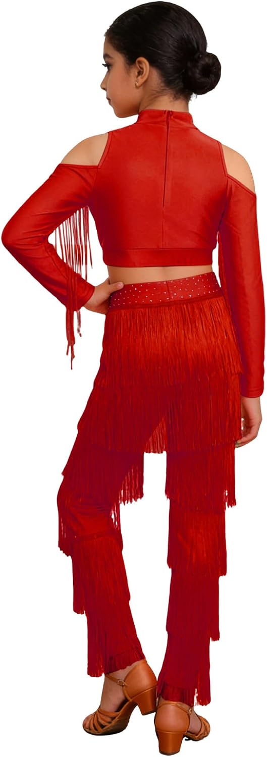 JanJean Girls Sparkle Latin Dance Clothes Set Fringe Long Sleeve Belly Top with Tassel Pants Cha Cha Outfit for Performance