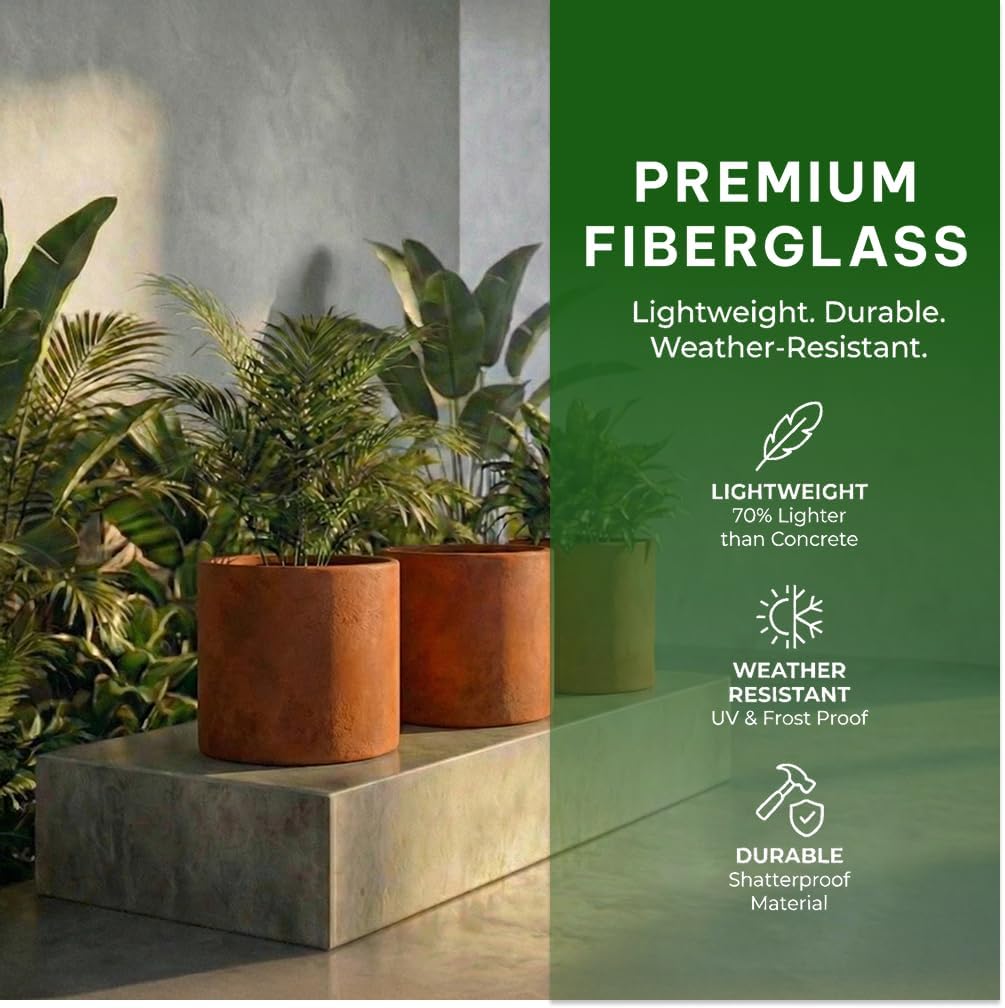 Wil & Vic 89s - 15.7" H x 15.7" Dia (15.7" Pot Opening) Mars Fiberglass Planter, Sphere Indoor and Outdoor Plant Pot with Drainage Hole, Lightweight, Durable Minimalist Home Decor, Rust