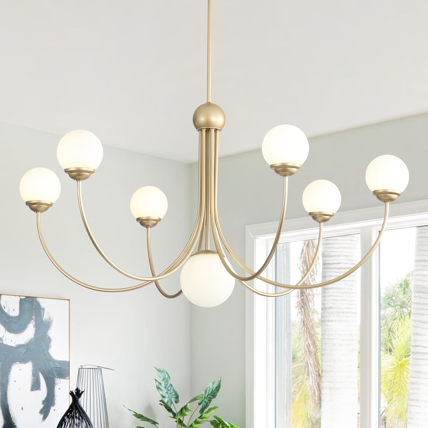 Gold Sputnik Chandelier Modern Large Chandelier with Milk Glass Globe Shades, 38” Mid Century Pendant Light Fixture High Ceiling Hanging Light for Dining Room Living Room Foyer