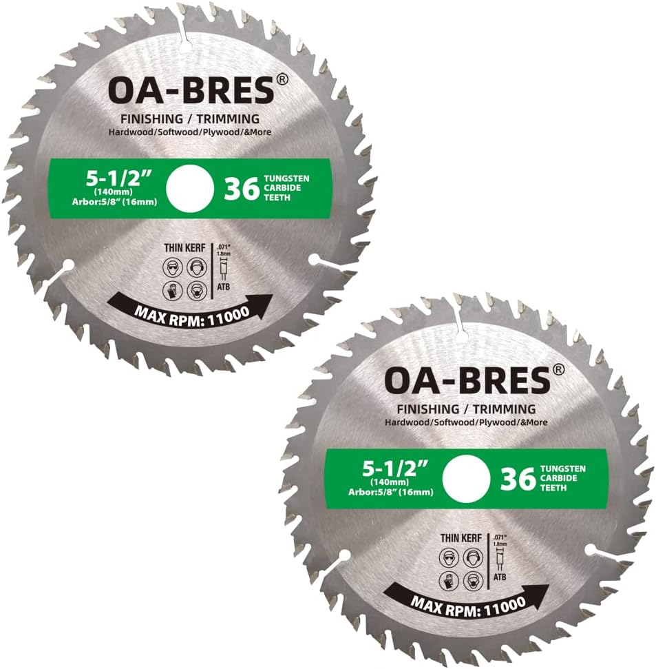5-1/2 Inch 36 Tooth ATB Finishing and Trimming Saw Blade, Cordless Trim Saw Blade with 5/8-Inch Arbor (1/2-Inch and 10-mm Reducer Bushings Include) - 2 Pack