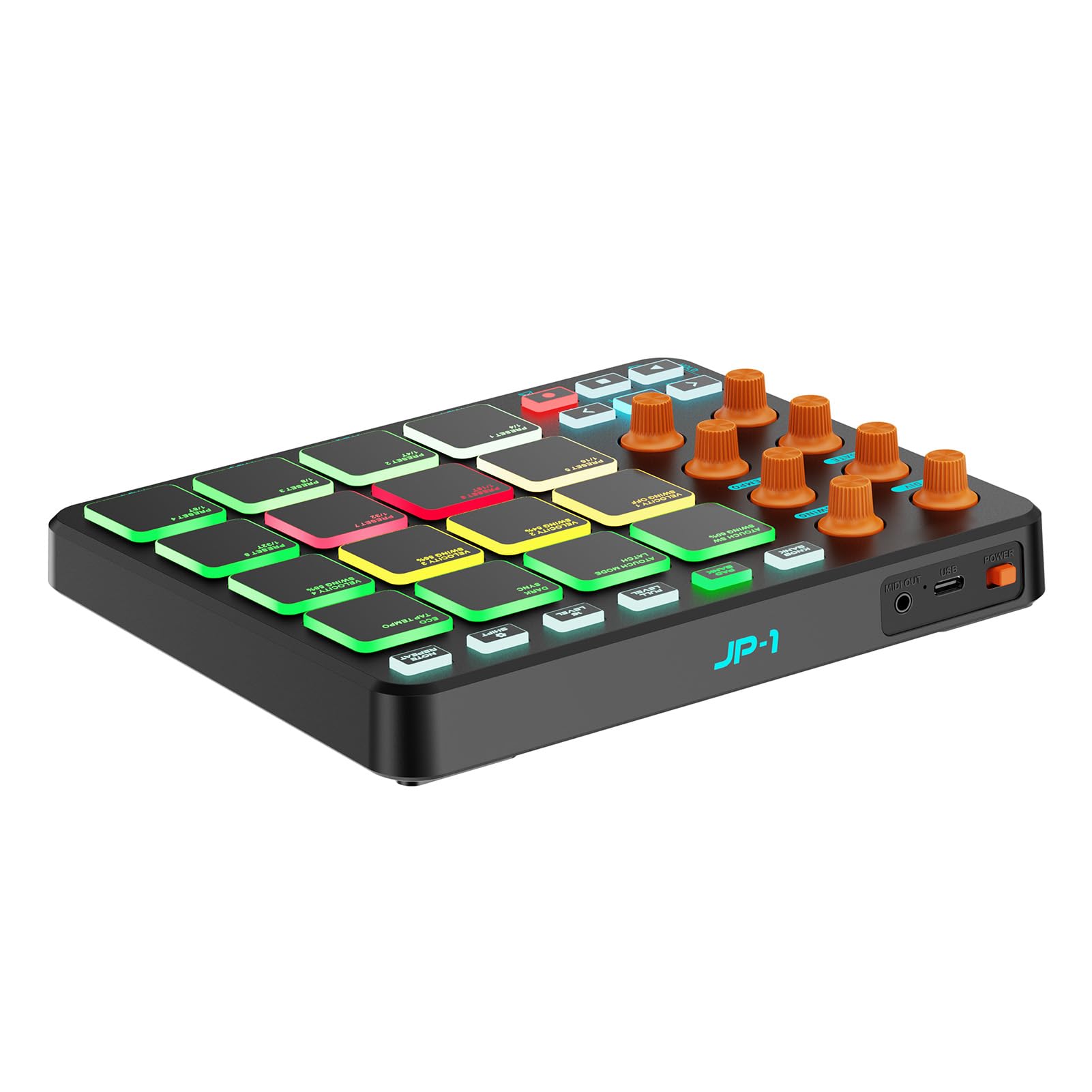 Btuty Customizable RGB MIDI Pad, Wireless MIDI Keyboard 16 RGB Pads 6 Buttons 8 Knobs Rechargeable PC Mobile App Supporting for Beginners, mit Kabelfreiem Keyboard, 16 Pads (Schwarz)
