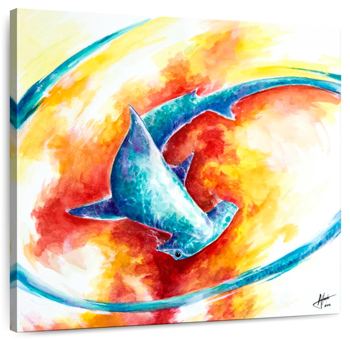 ElephantStock - Ember Wall Art - Square Canvas Wall Art - Living Room Wall Decor - Watercolor Hammerhead Shark Canvas Art - White And Turquoise Decor