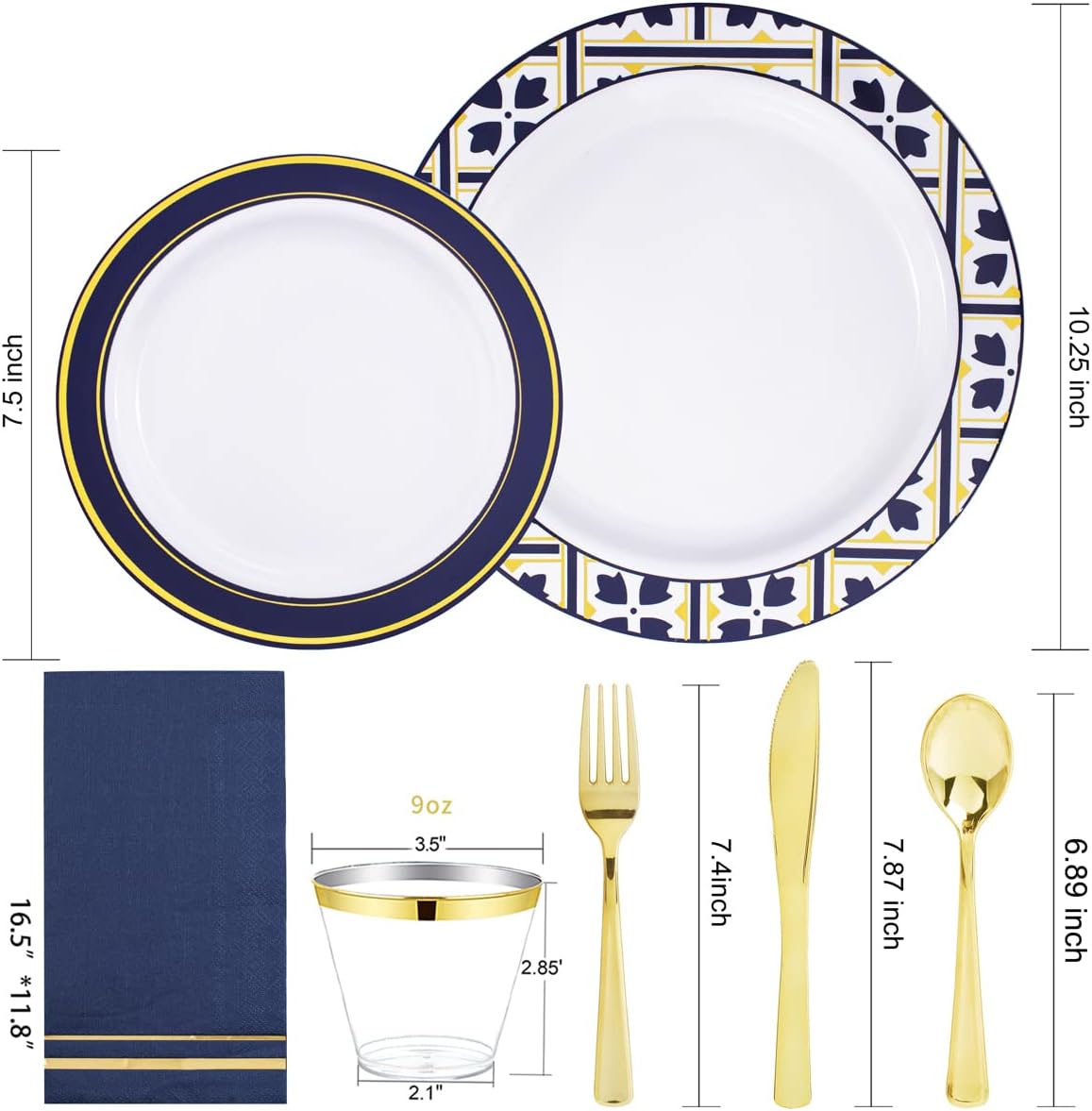 Nervure 175PCS Blue Plastic Plates - White Blue Gold Disposable Plates Include 25Dinner Plate, 25Dessert Plate, 25Cups, 25Forks, 25Knives, 25Spoons, 25Napkins for Wedding & Party - Image 2
