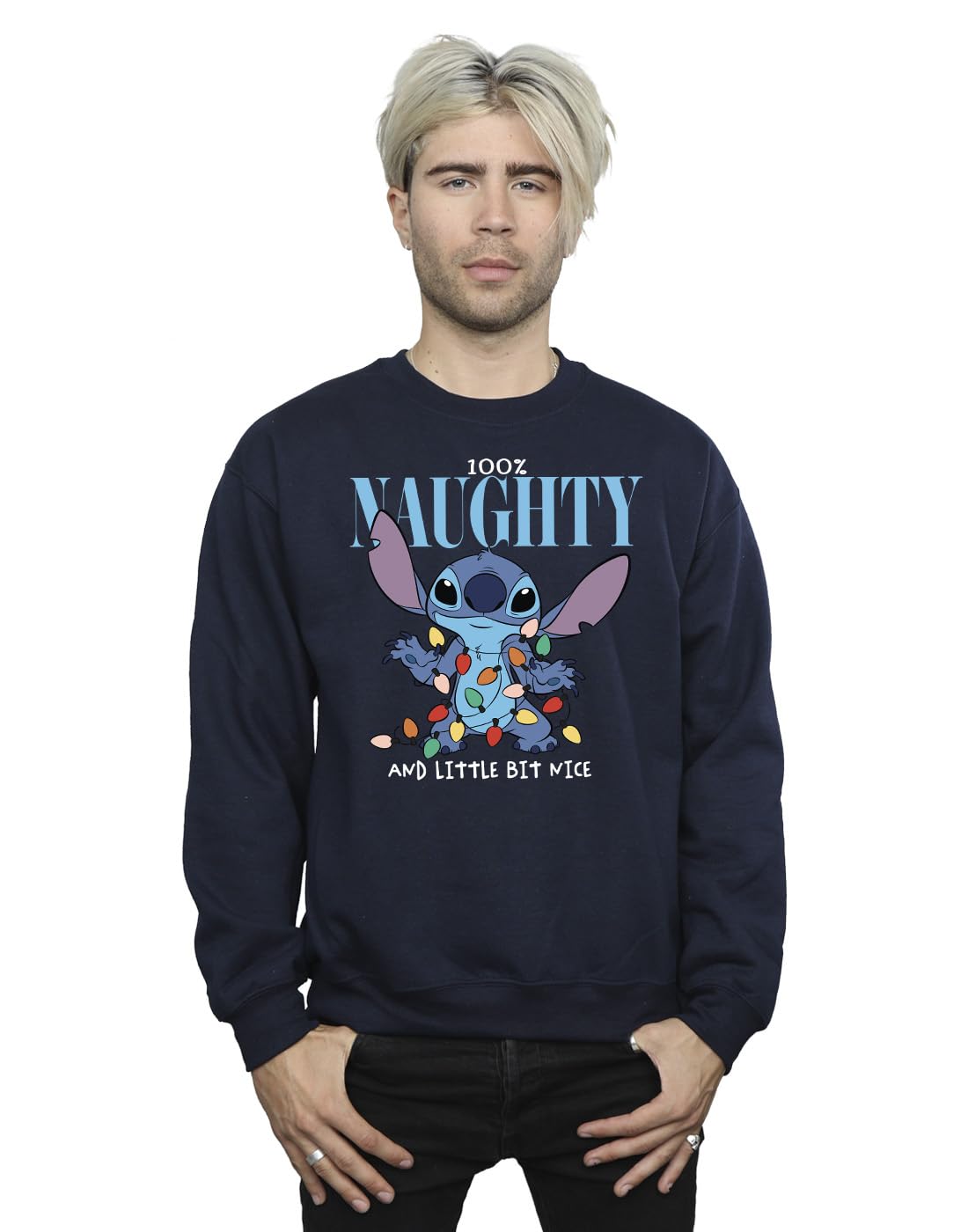 Disney Men's Lilo & Stitch Naughty & Nice Sweatshirt Navy Blue XX-Large