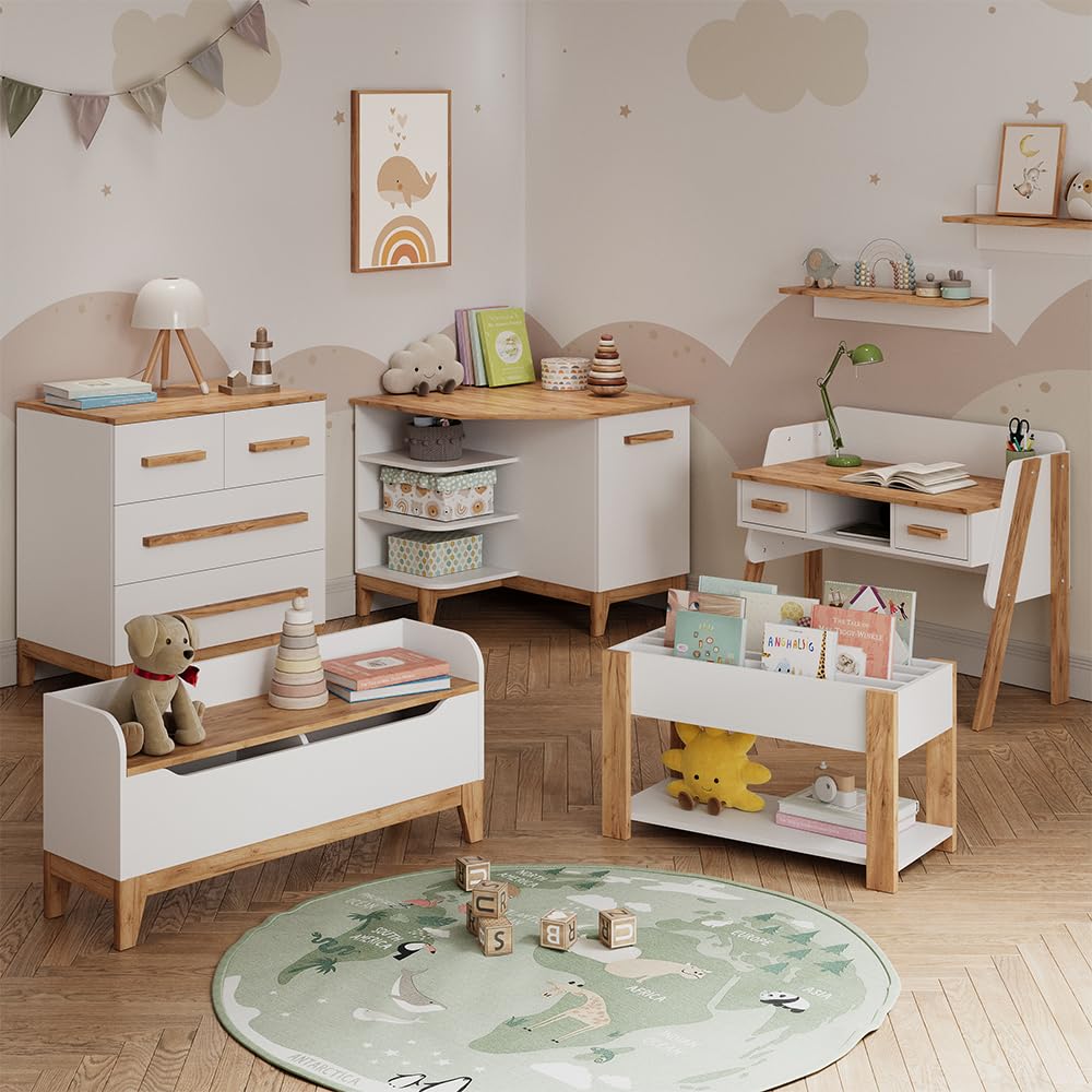 VitaliSpa Cassapanca per giocattoli Malia, Bianco/Artisan, 107.2 x 50 cm con sedile, con spazio contenitivo e combinabile con altri mobili Malia