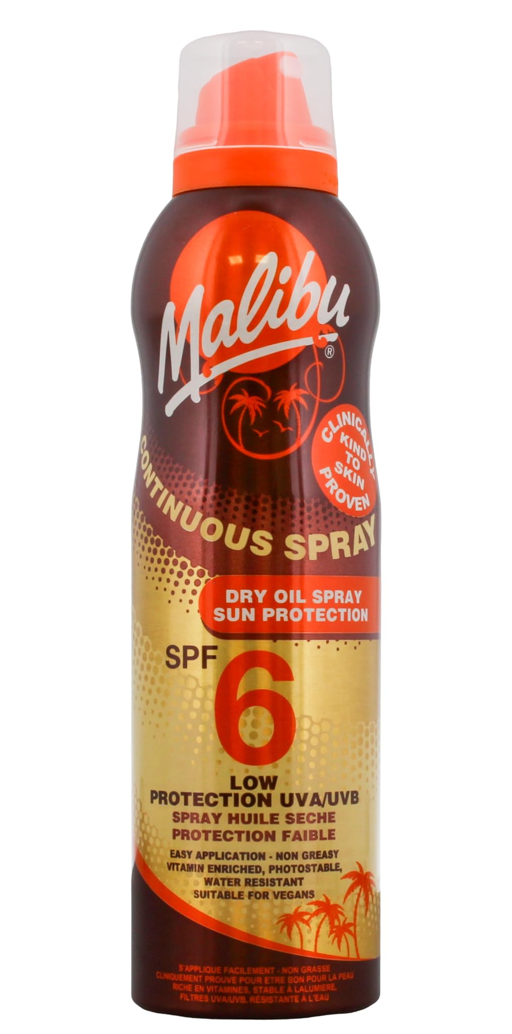 Malibu Niska ochrona przed słońcem, wodoodporna, ciągły suchy olej w sprayu, LSF 6 z ekstraktem z masła shea, 175 ml