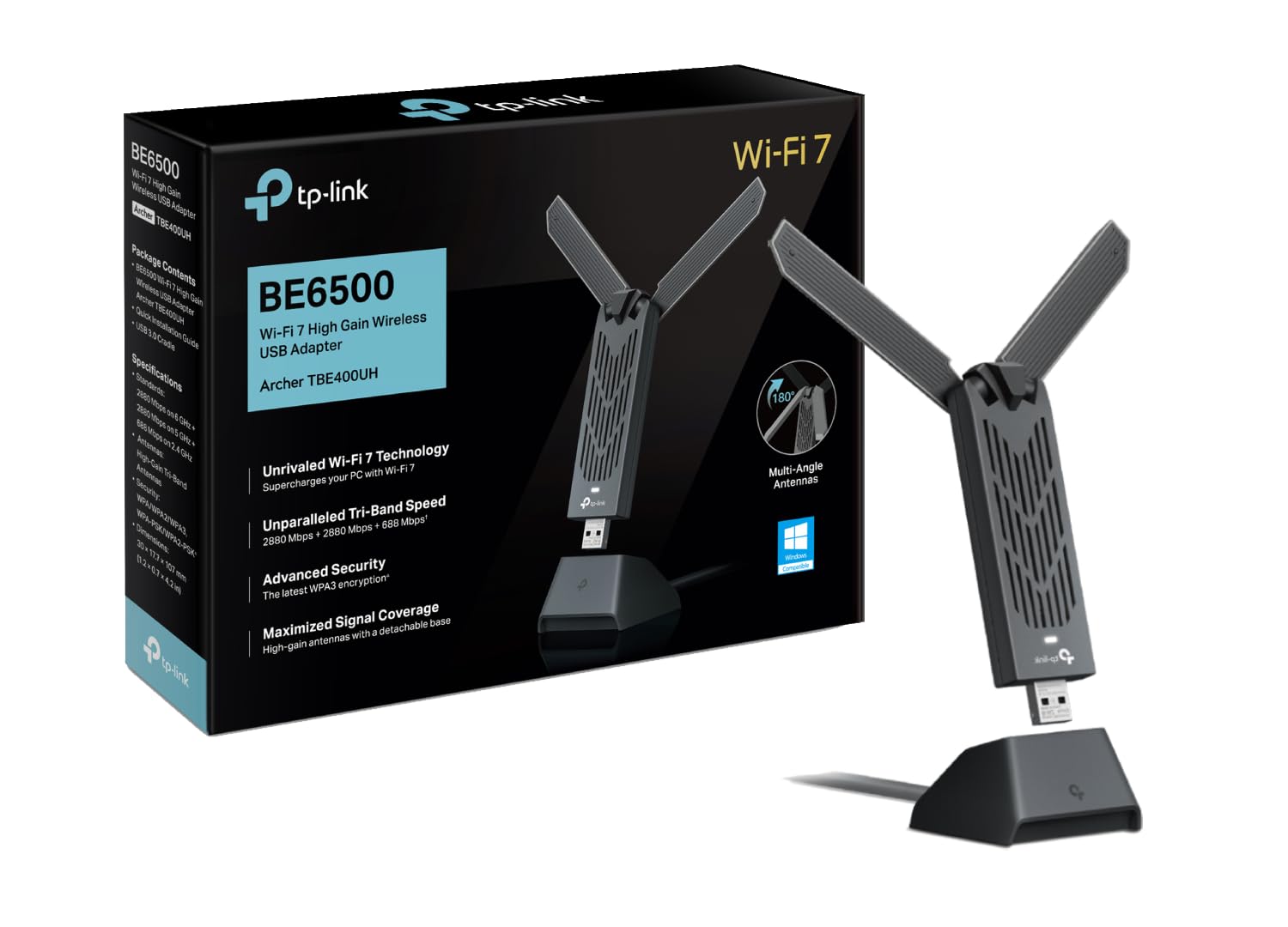 TP-Link Archer TBE400UH - Adaptador USB WiFi 7 BE6500Mbps, Tri-Banda (6GHz/5GHz/2.4GHz), MLO, MU-MIMO, OFDMA, USB 3.0, Seguridad WPA3, Plug & Play, Base para Escritorio, Compatible con Windows 11