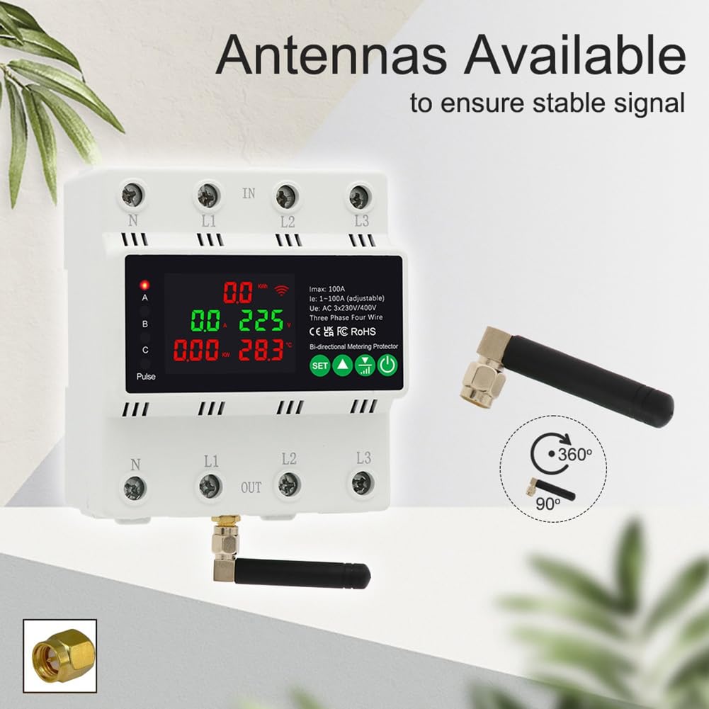 Medidor de EnergíA Inteligente Bidireccional con WiFi, 3 Fases, 4 Cables, 380 V, 100 A, KWh, ReconexióN AutomáTica, Protector SobretensióN y SobretensióN