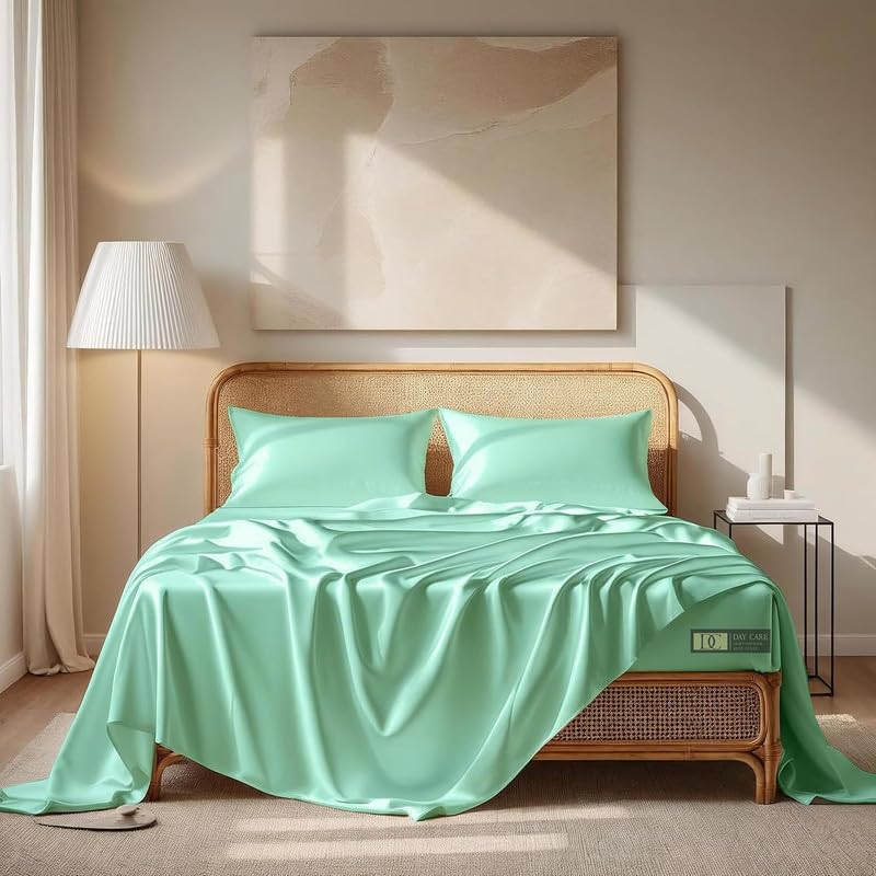 Image of Day Care-Luxury Satin Flat Double Bed (90x100 Inchs) Bedsheet|Ultra Soft Silky Smooth Touch|Breathable, Lightweight & Skin Friendly|Wrinkle Resistant|Aqua Green
