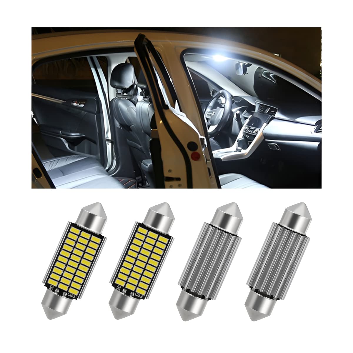 LED Map Light Dome Bulb, 4 PCS 41mm 1.6 Inch Super Bright 3014 SMD Chipsets Led Bulbs, DC 12V White Light Led Bulbs for Car Interior Map Dome Door Courtesy Trunk, Car Accessories (Black)