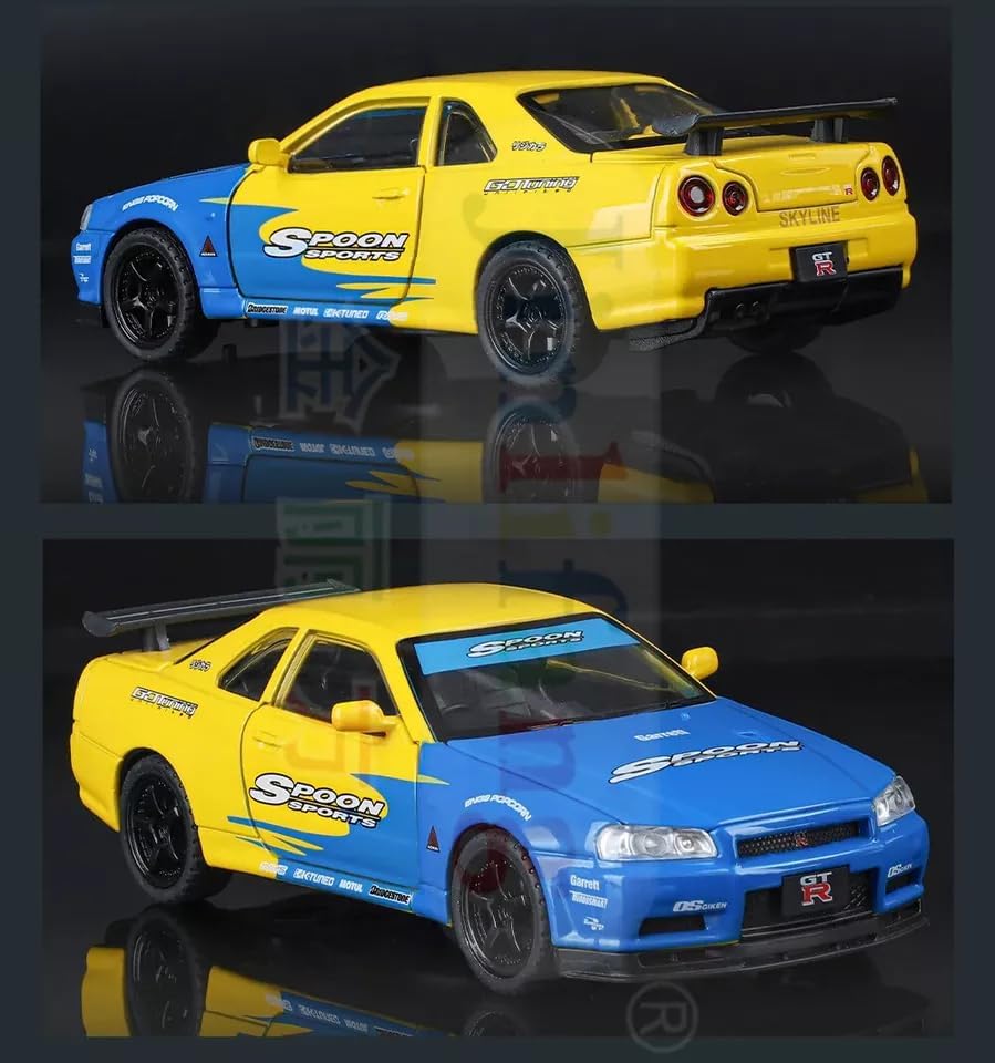 Image of 1:32 Scale Nissaan Skyline R-34 Model Alloy Metal Pull Back Toy car for Kids with Openable Doors & Light, Music Toy Vehicle for Kids (1:32 Nissaan Skyline R-34 (Yellow))