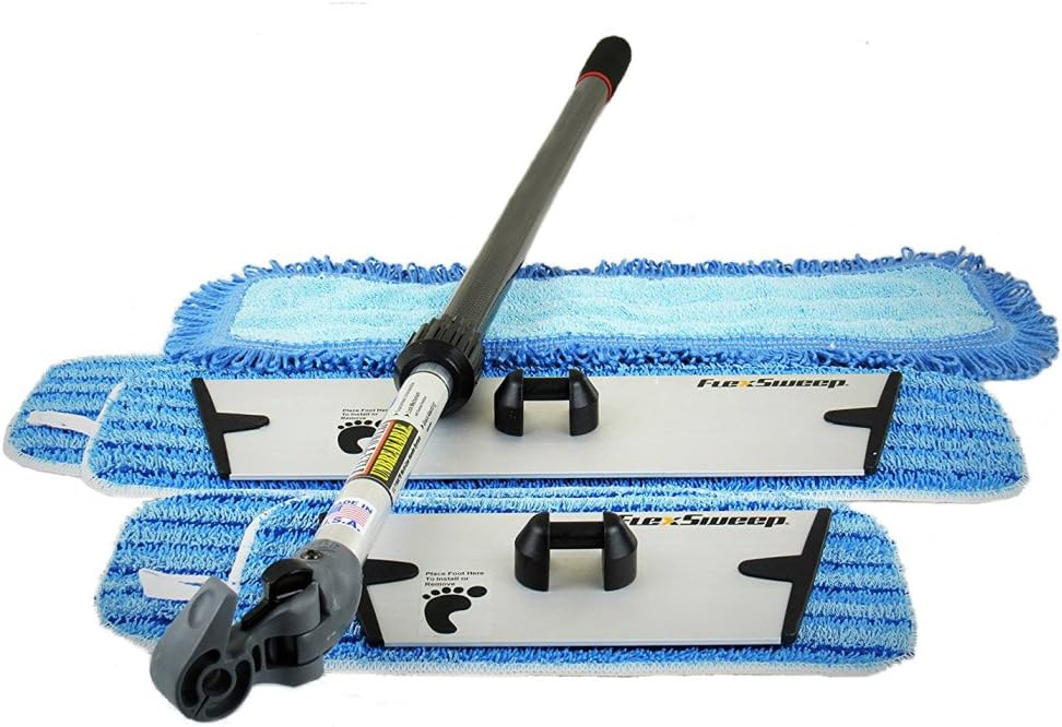 FlexSweep Patented Unbreakable Easy-Clean Microfiber Flat Mop System with Telescopic Handle, Easy Snap-On 9" & 18" Frames, Microfiber Wet Scrub Pads, and Dry Dust Pads