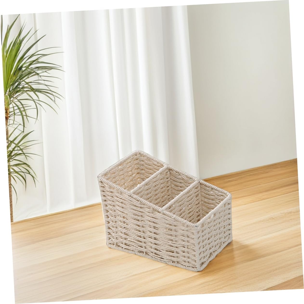 DOITOOL Trapezoidal Desktop Storage Box with 3 Compartments Waterproof Simulated Hand-Woven Basket Organizer for Office Supplies Stationery and Makeup