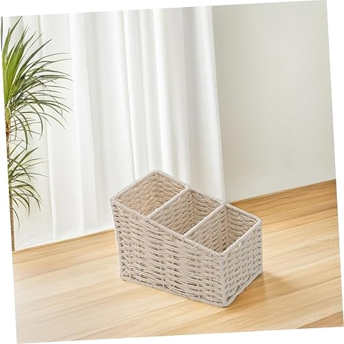 Miniatura 6 de Cestas tejidas de mimbre, organizador de escritorio, caja de almacenamiento de cosméticos tejida a mano, 3 ranuras, cesta de artículos de oficina,