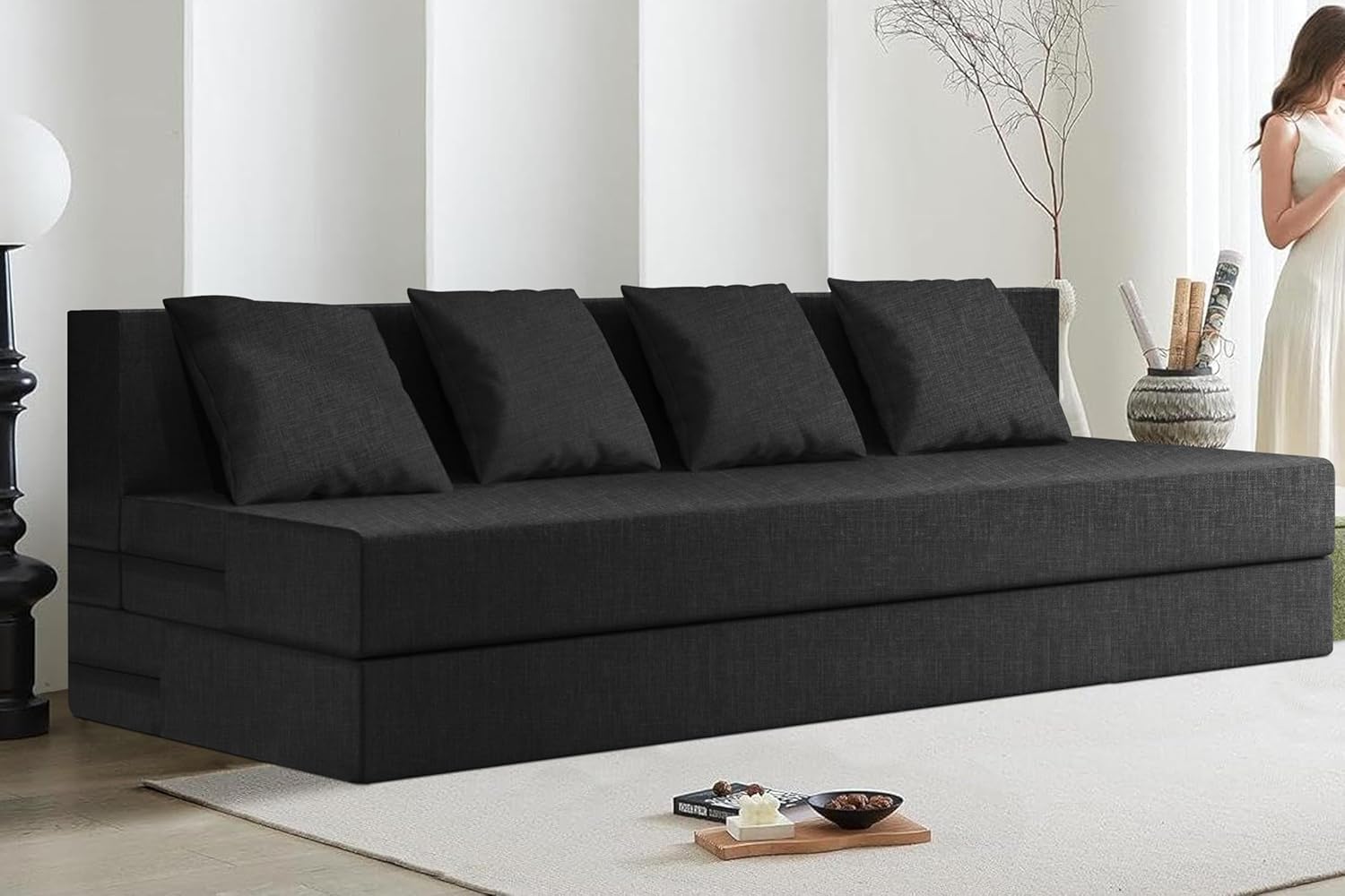 Rosebell Lightweight 4 Person Foldable Sofa Cum Bed Jute Fabric Washable Cover Including 4 Cushion Size 6' X 6' Ft | Color - Black | Perfect for Home & Office