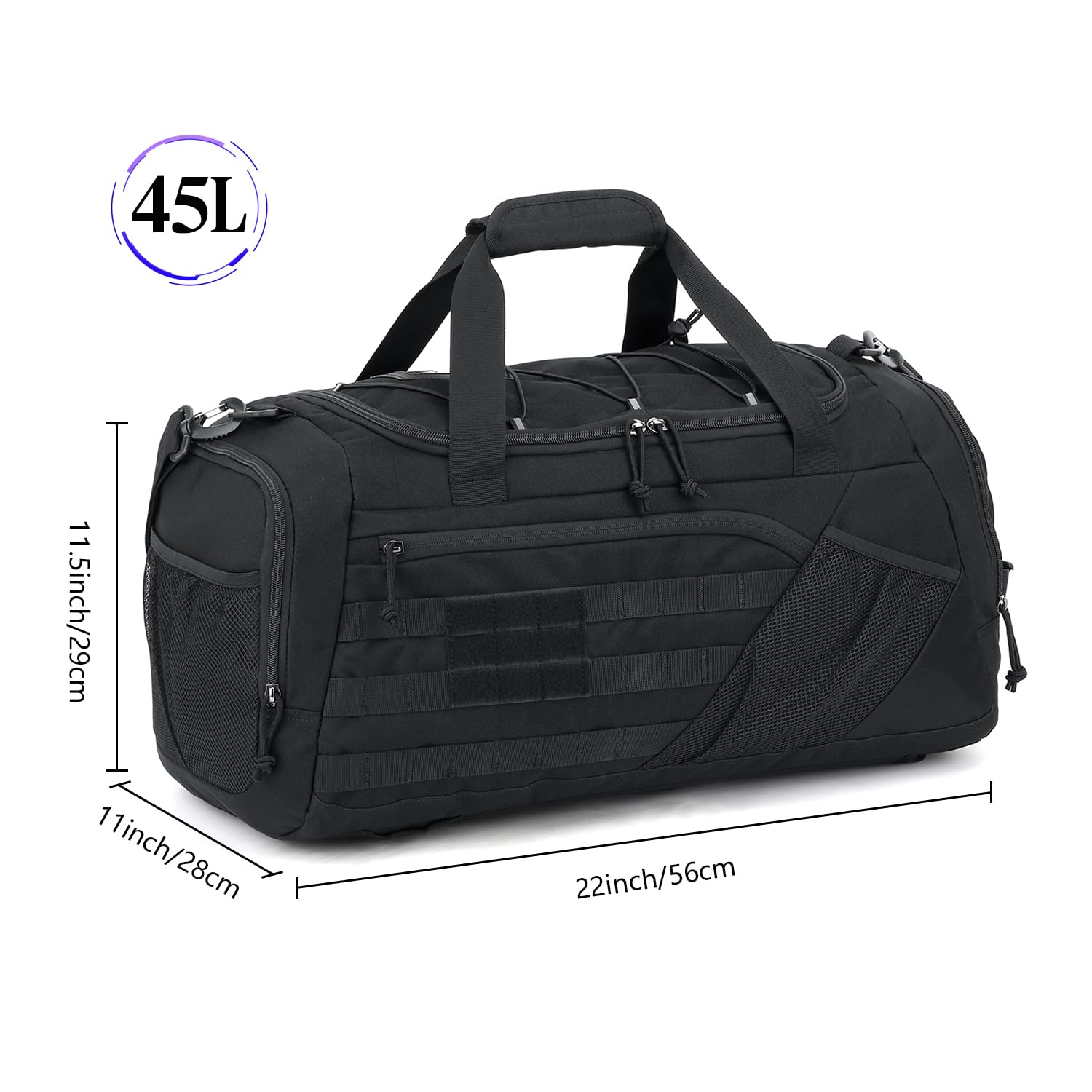 Bolsa Deporte Hombre 45L Mochila Gimnasio Táctica Militar Bolsa de Viaje con Compartimento para Zapatos + Separada Seco y Humedo para Natacion, Fitness, Fin De Semana, Negro