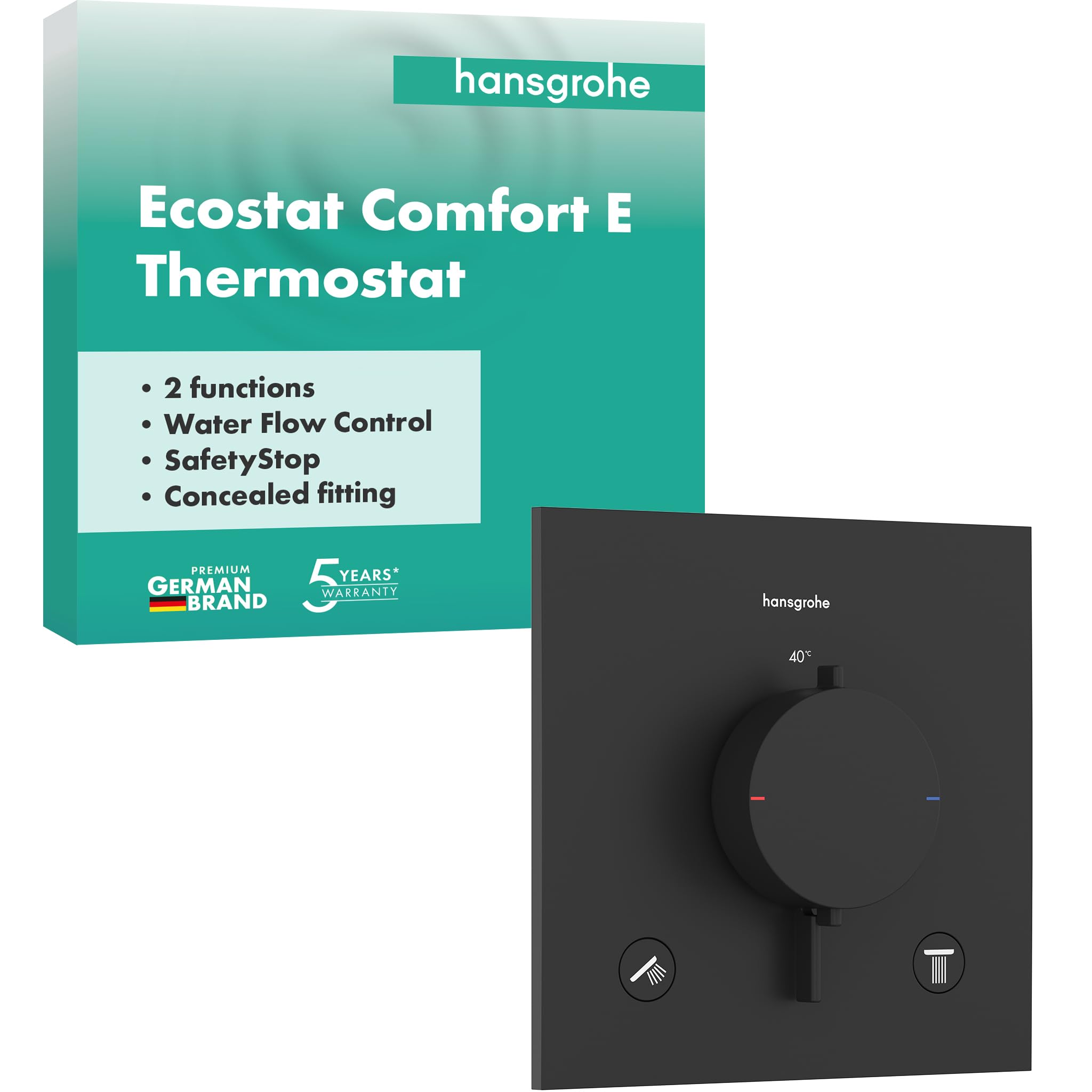 hansgrohe Ecostat Comfort E - Duschthermostat Unterputz, Duscharmatur mit Sicherheitssperre (SafetyStop) bei 40° C, Thermostat für die Dusche, Mischbatterie für 2 Verbraucher, Mattschwarz, 33711670