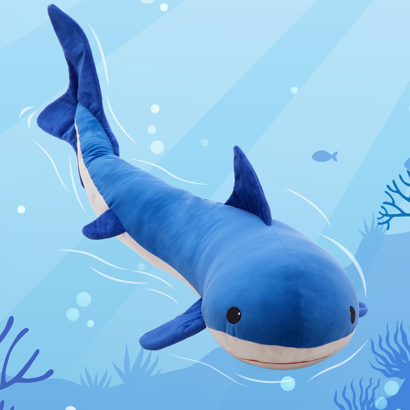 KERTA 4ft Giant Whale Stuffed Animal, S-Shape Long Stuffed Whale Plush Body Pillow for Boys Girls Sleeping, 47inches Ocean Theme Whale Toy Gift for Christmas Birthday Decoration 8