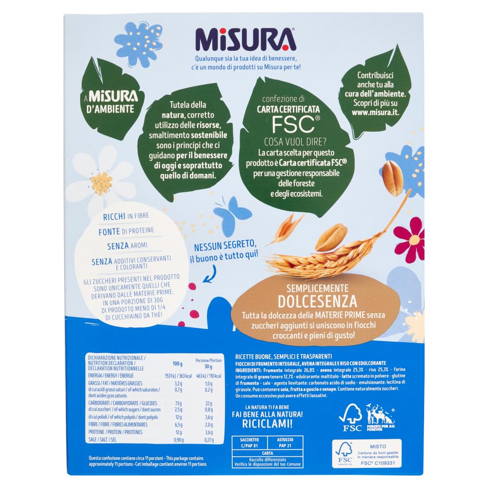 Italian Gourmet Cereali Integrali Fiocchi di Frumento Vollkorn 12 x 350g | Senza zuccheri aggiunti; knusprige Mischung mit Hafer und Reis fürs, Gesamtnettogewicht 4,2 kg + Kostenlos Polpa 400g