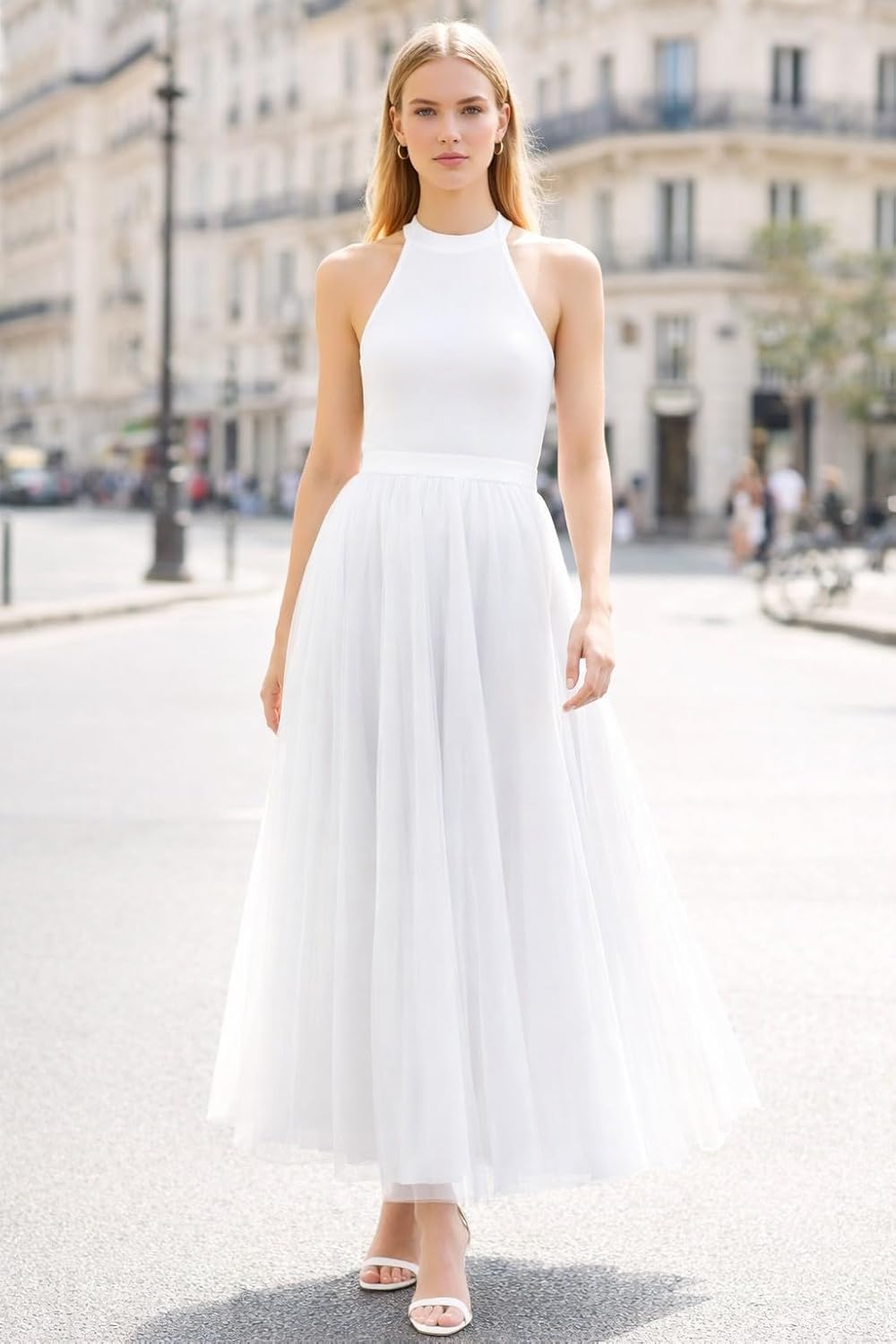 SANGTREE Women's Long Tulle Skirts Elastic High Waist A-Line Layered Tutu Mesh Flowy Skirt Ankle Length