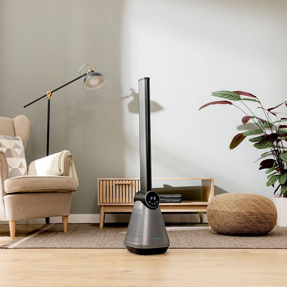 Cecotec - Ventilatore a Torre EnergySilence 9890 Skyline Bladeless Dark senza pale 100 cm, 50W, touch screen LED, telecomando, 3 modalità, 3 velocità, timer 15 ore, oscillazione 40º, Acciaio Base Nera
