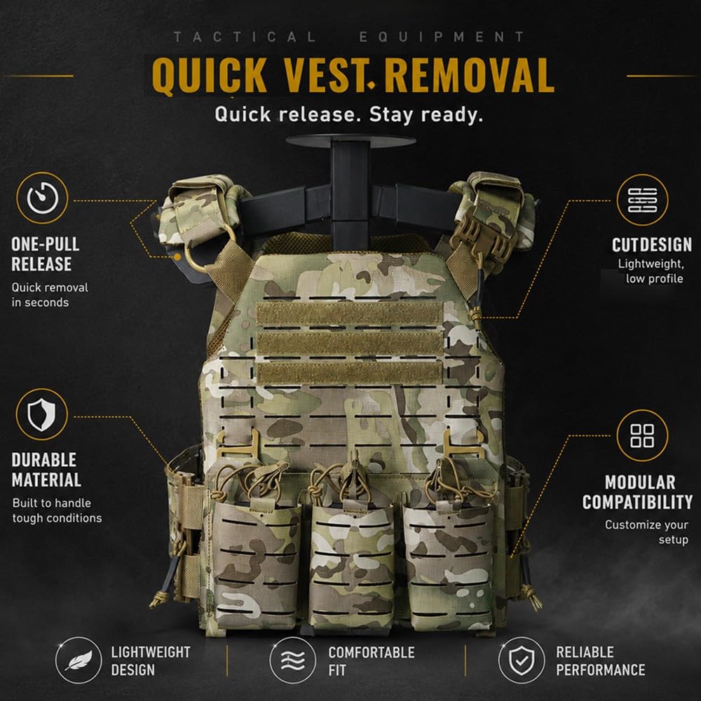 Chaleco Táctico Unisex Liberación Rápida,Chaleco MOLLE Ajustable Bolsillos Multifunción Ligero Transpirable para Airsoft Paintball Caza Senderismo Actividades Al Aire Libre