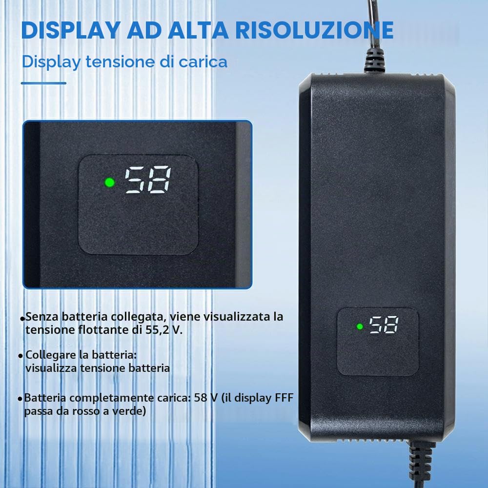 Caricatore per batteria al piombo-acido 48V 20Ah per veicoli elettrici, scooter elettrici, e-bike, caricabatterie AC-DC con display, connettore a 3 poli