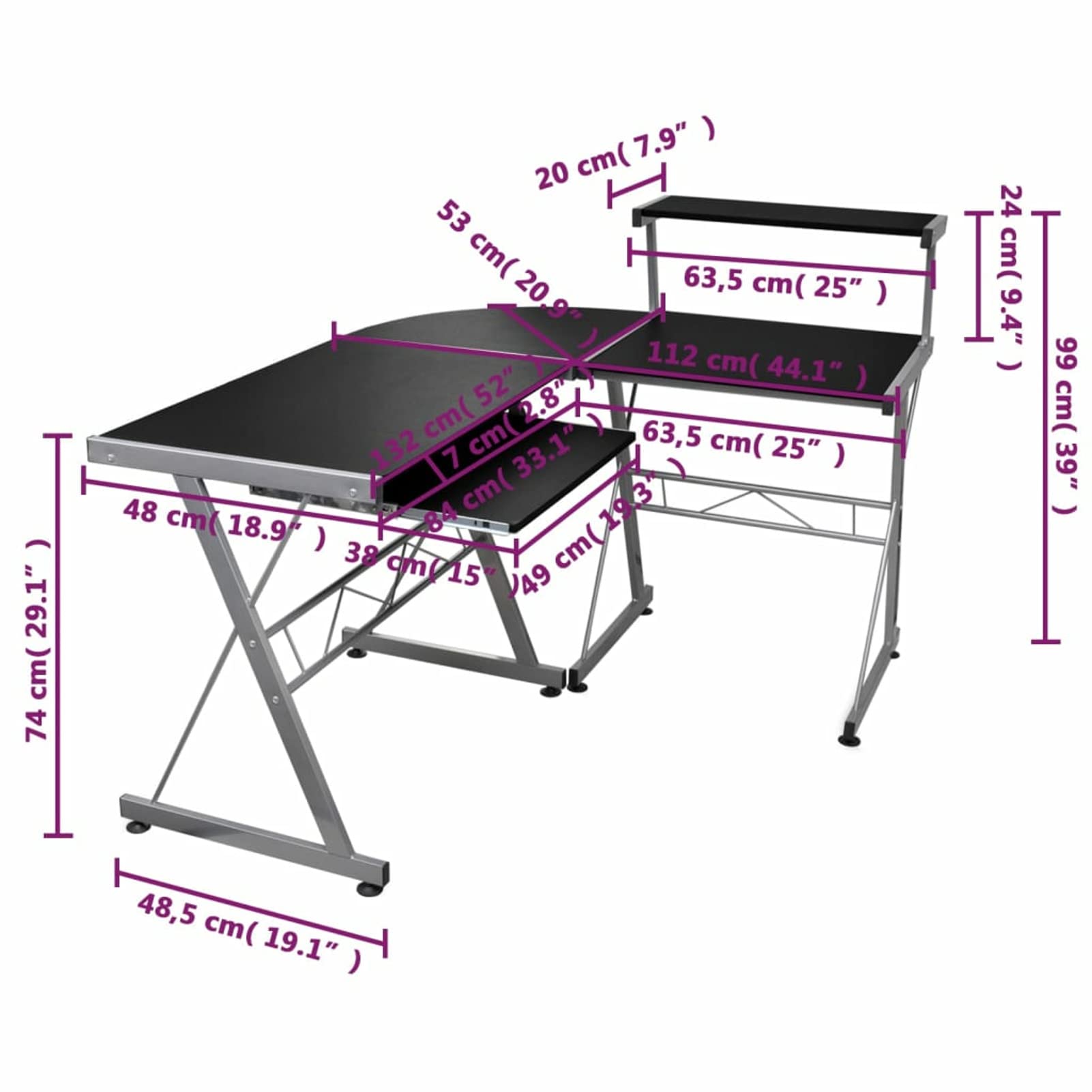 Bureau d'ordinateur d'angle noir, 132 x 112 x 99 cm, en bois, multicouche, bureau, bureau, bureau, bureau, bureau, bureau, bureau, bureau, bureau, bureau, bureau, bureau, mobilier studio