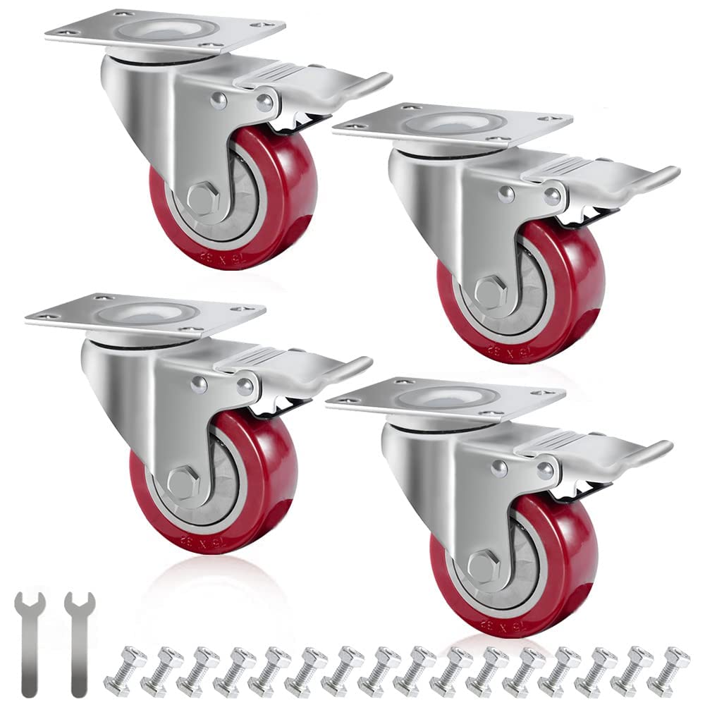 D&L3 Inch Swivel Castor Wheels 1400lbs Heavy Duty Casters with Brake Polyurethane Dual Locking Casters Set of 4 Red DL-I3-001R