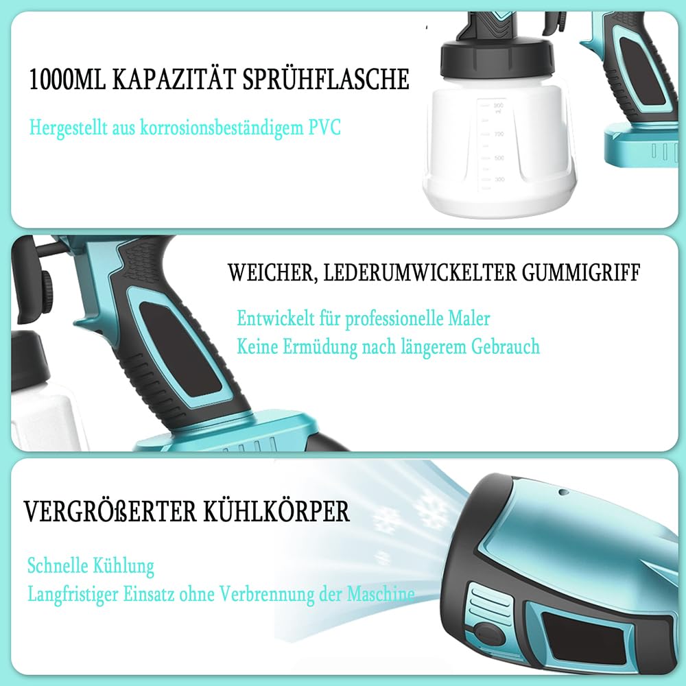 Akku Farbspritzpistole für Makita 18V Akku, 1000ml Farbsprühgerät, mit 3.0AH Akku und Ladegerät,3 Düsen und 3 Spritzmuster,von Wänden Gartenzaun Sprühgerät
