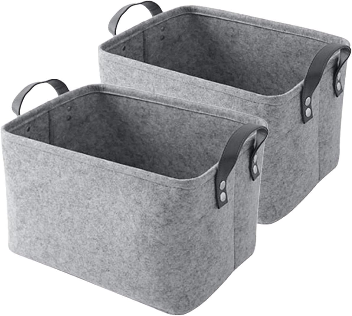 GUOZIFelt Storage Basket with PU Handles,Collapsible Rectangular Storage Bins,Convenient Storage Solution for Office, Bedroom, Closet, Toys, Laundry (2 Pcs - Gray, 392925CM)