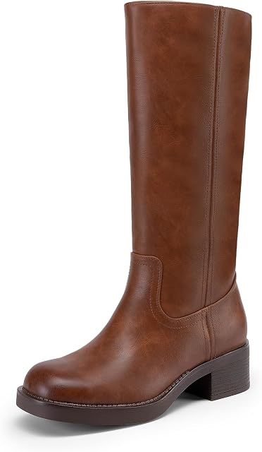 DREAM PAIRS Women Knee High Wide Calf Boots | square toe, low chunky heel 1.8-inch, side zipper, cushioned sole, riding, moto, banana, daily, fall, winter, all-season