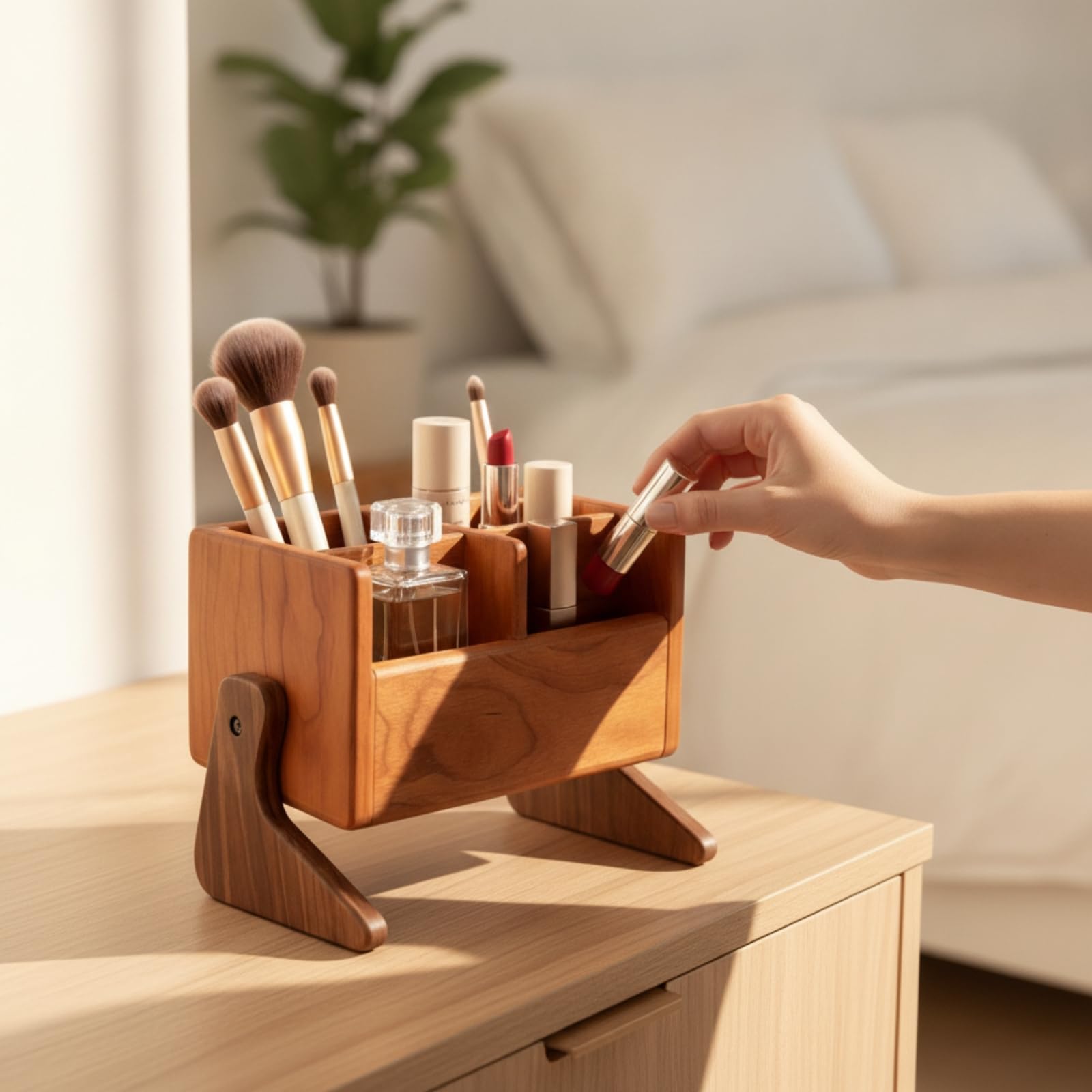 Organiseur Maquillage avec Compartiments Compact Boîte Rangement En Bois Élégant Organiseur Bureau En Bois pour Femmes