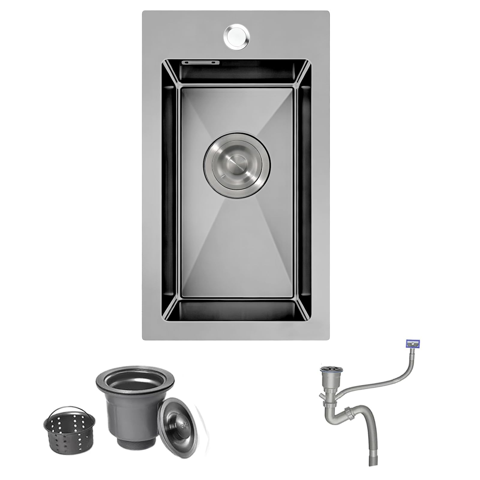 Fregadero de cocina de acero inoxidable 304, 28 x 50 cm, pequeño, empotrable, con 1 orificio para grifo, rebosadero, sifón, 1 cuenco, color negro